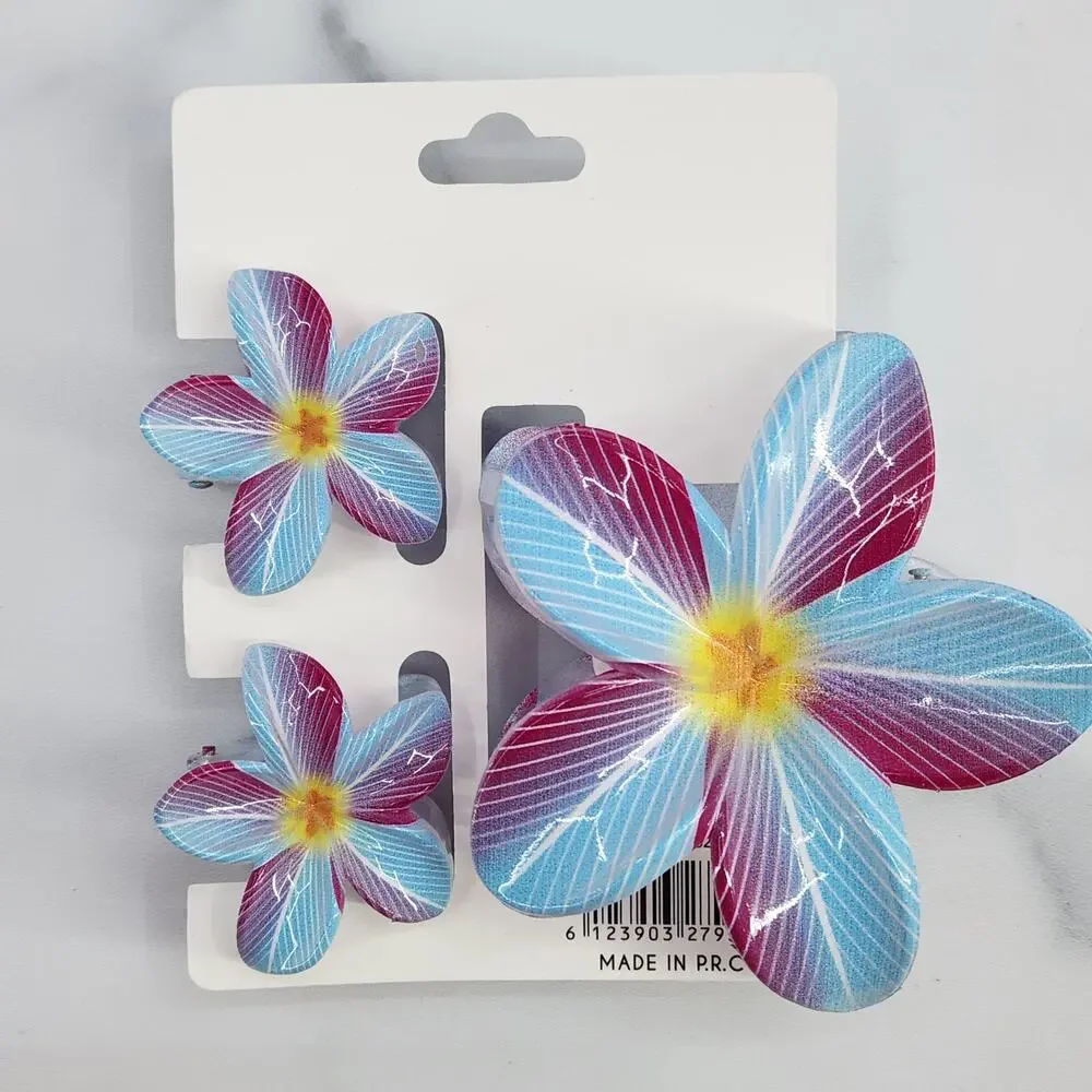 3 pc Hawaiian Flower Claw Clip Set - Hair Accessories - Blue & Purple Plumeria
